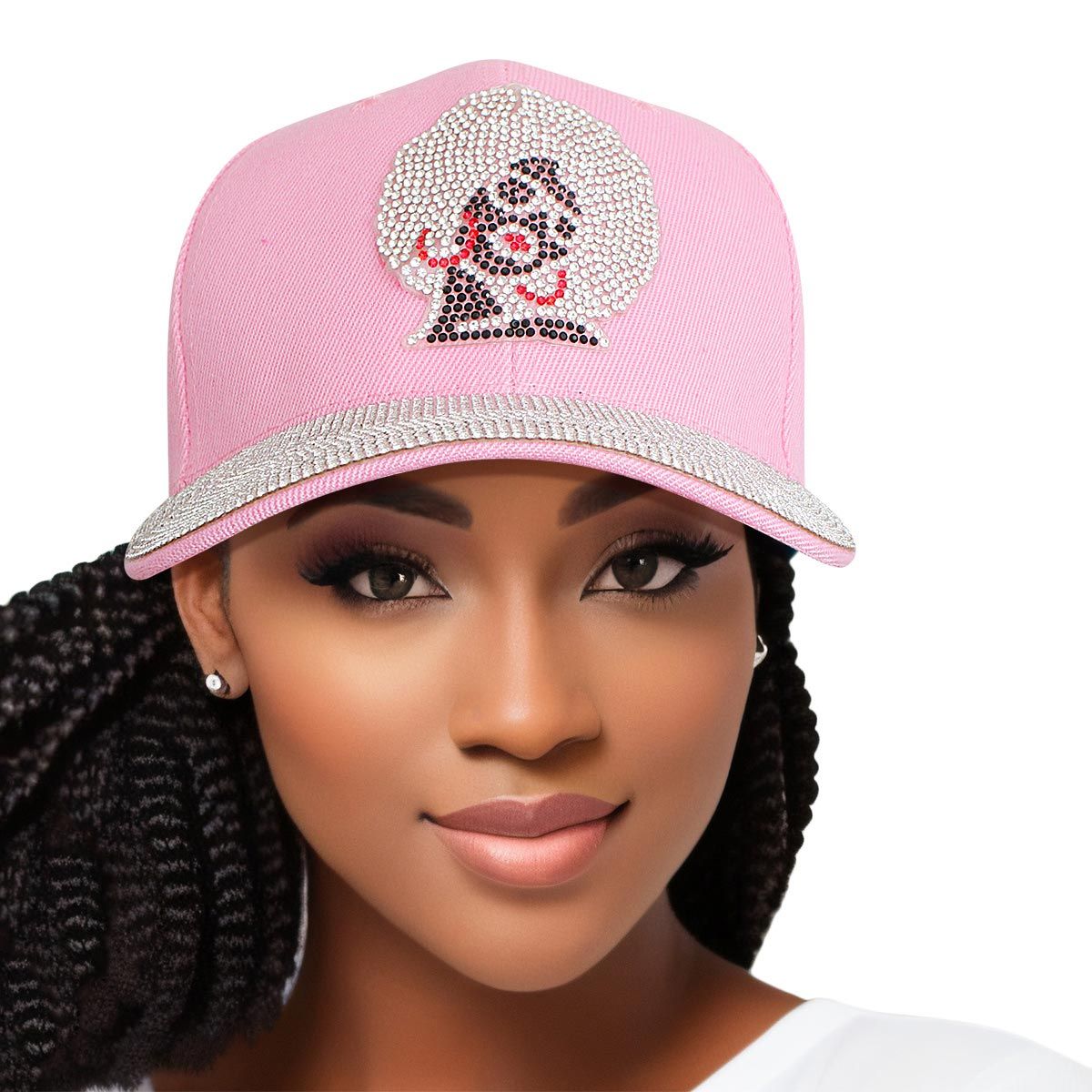 Women’s Pink Afro Rhinestone Baseball Cap – Trendy Stylish Casual Hat